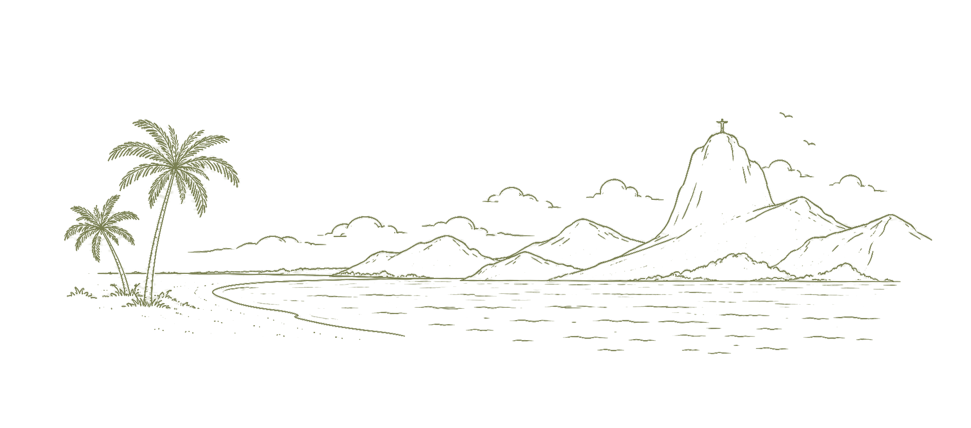 Minimalistische Rio-Strand-Illustration mit Palmen, Bergen und Cristo Redentor