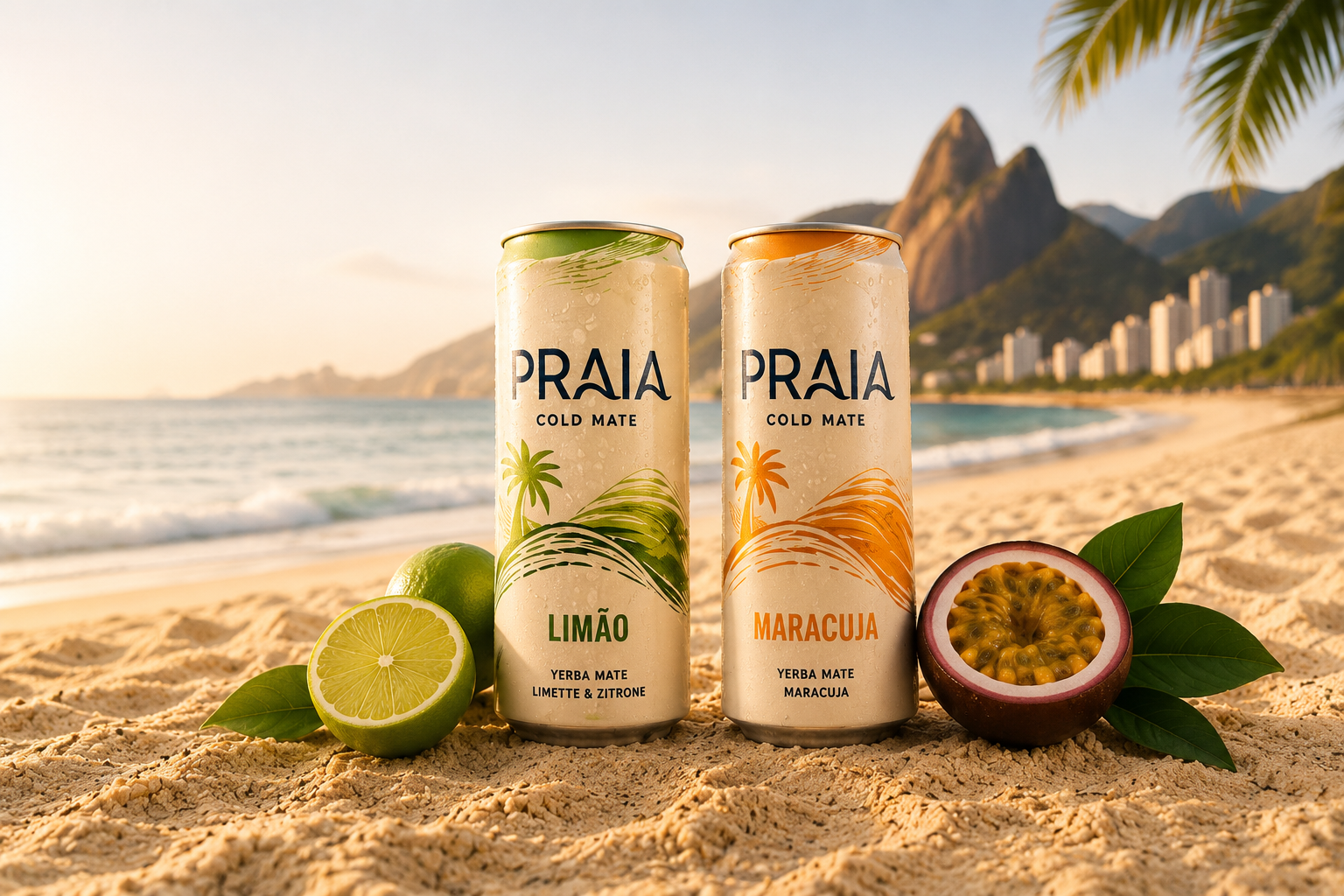 Zwei PRAIA Cold Mate Dosen in den Sorten Limão und Maracuja am Strand
